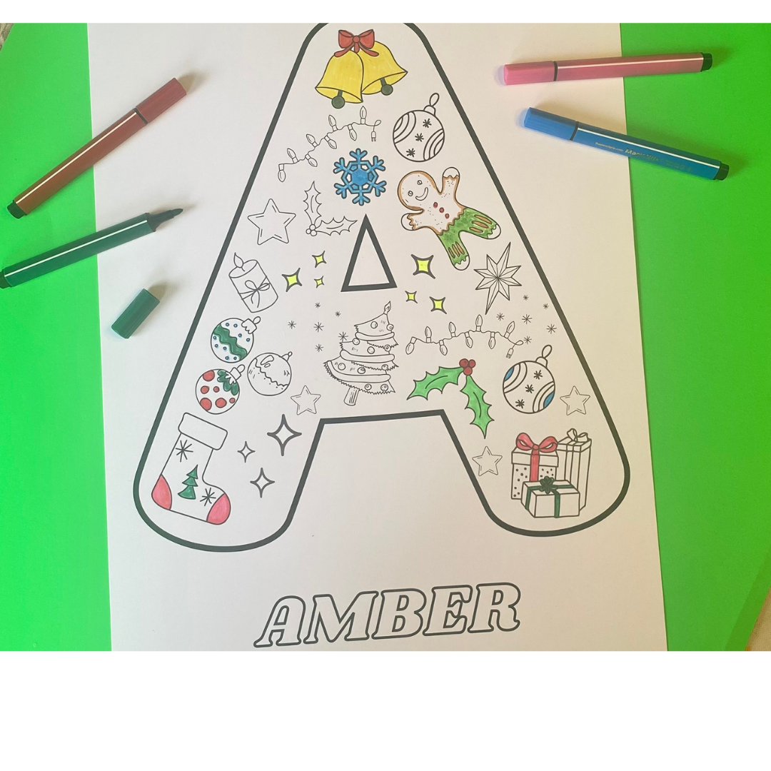 Great Christmas party favor for kids! Personalized coloring poster. Great to take home or to color at the party! Fun Learn Grow Co.