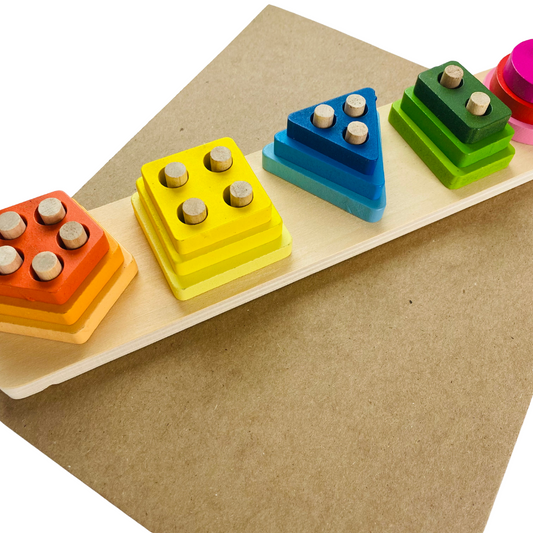 Colorful wooden pegged shapes puzzle for learning shapes for toddlers. Circle, rectangle, triangle, square, and pentagon are the shapes of the puzzle pieces. Fun Learn Grow Co.