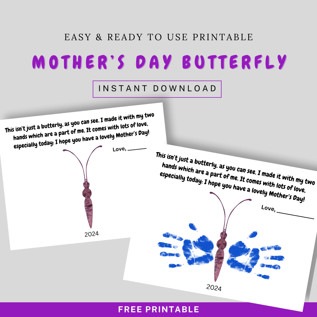 Free printable handprint butterfly craft for Mother's Day. Adorable keepsake for mom from child.