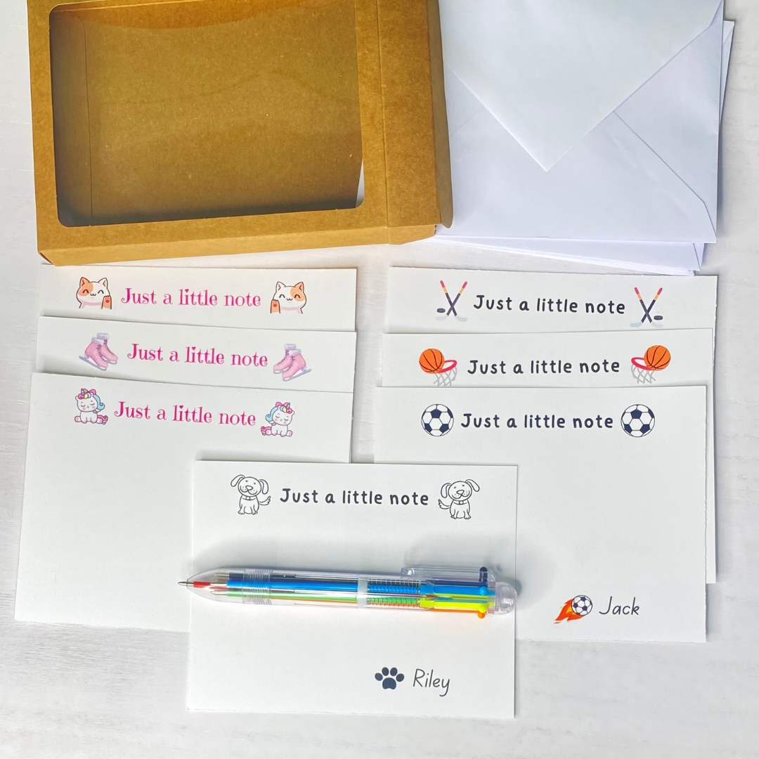 Personalized gift for kids! Encourage writing special notes to loved ones with these customized notecards and multi-color pen! Fun Learn Grow Co.