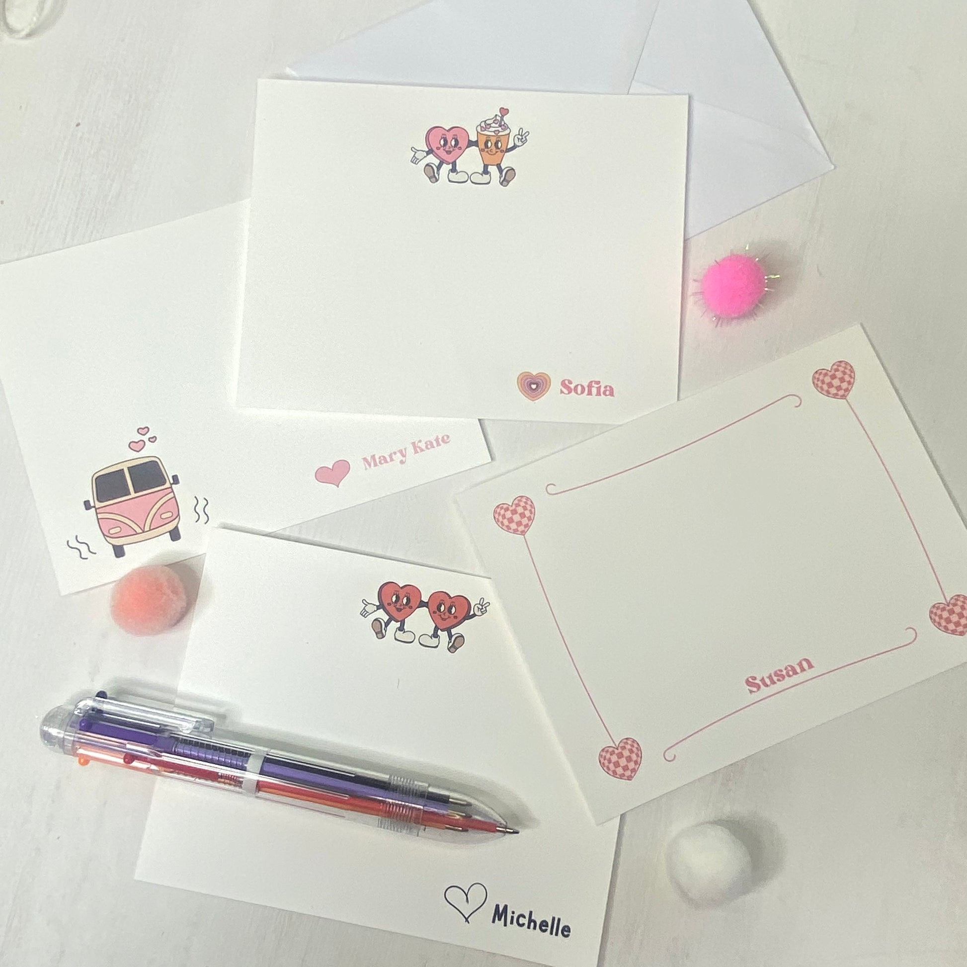 Adorable Valentine Notecards Set for kids and adults! Personalized for extra fun! Comes with a free multi-pen , perfect for gifting!