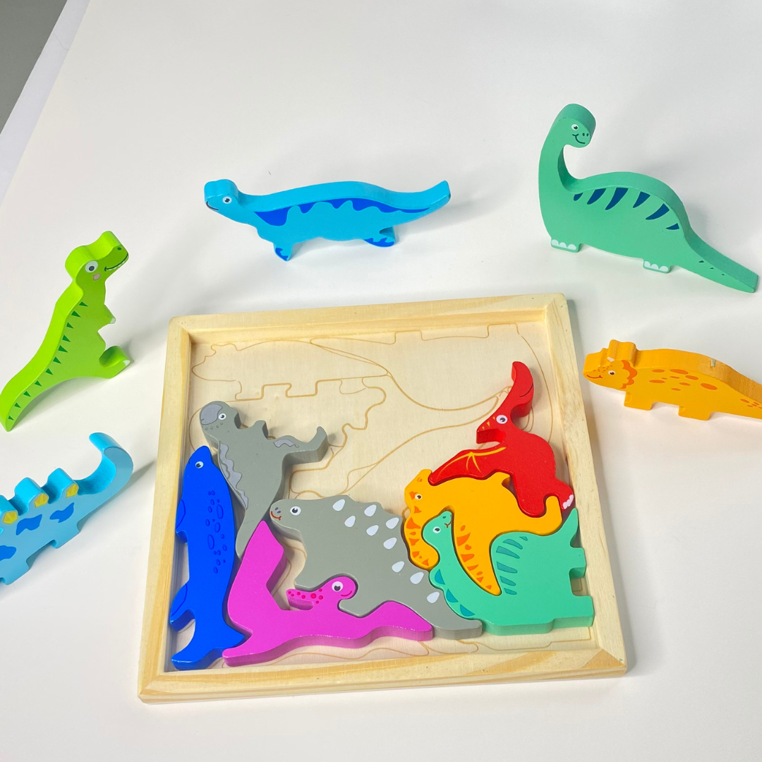 Perfect wooden toy puzzle for boys and girls, wooden dinosaur puzzle, wooden vehicles puzzle, perfect for spatial reasoning or open-ended play with puzzles. Fun Learn Grow Co.