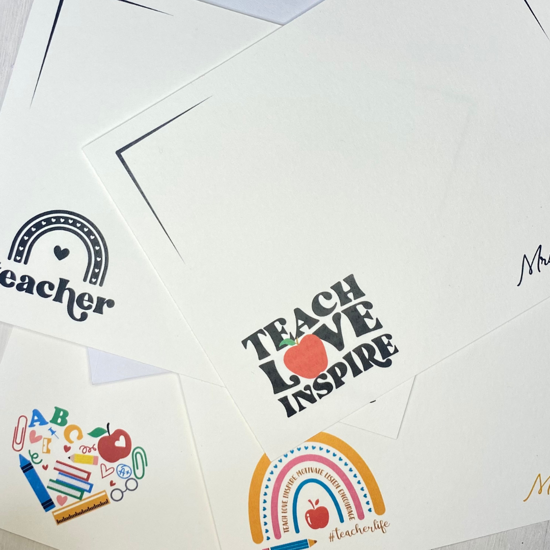 Best, unique gift for teachers. Personalized notecards for your child's teacher. Teacher appreciation gift. Four themes to choose from: Black and White Teacher Rainbow, Teach Love Inspire, ABC Heart, and #teacherlife Rainbow. Fun Learn Grow Co.
