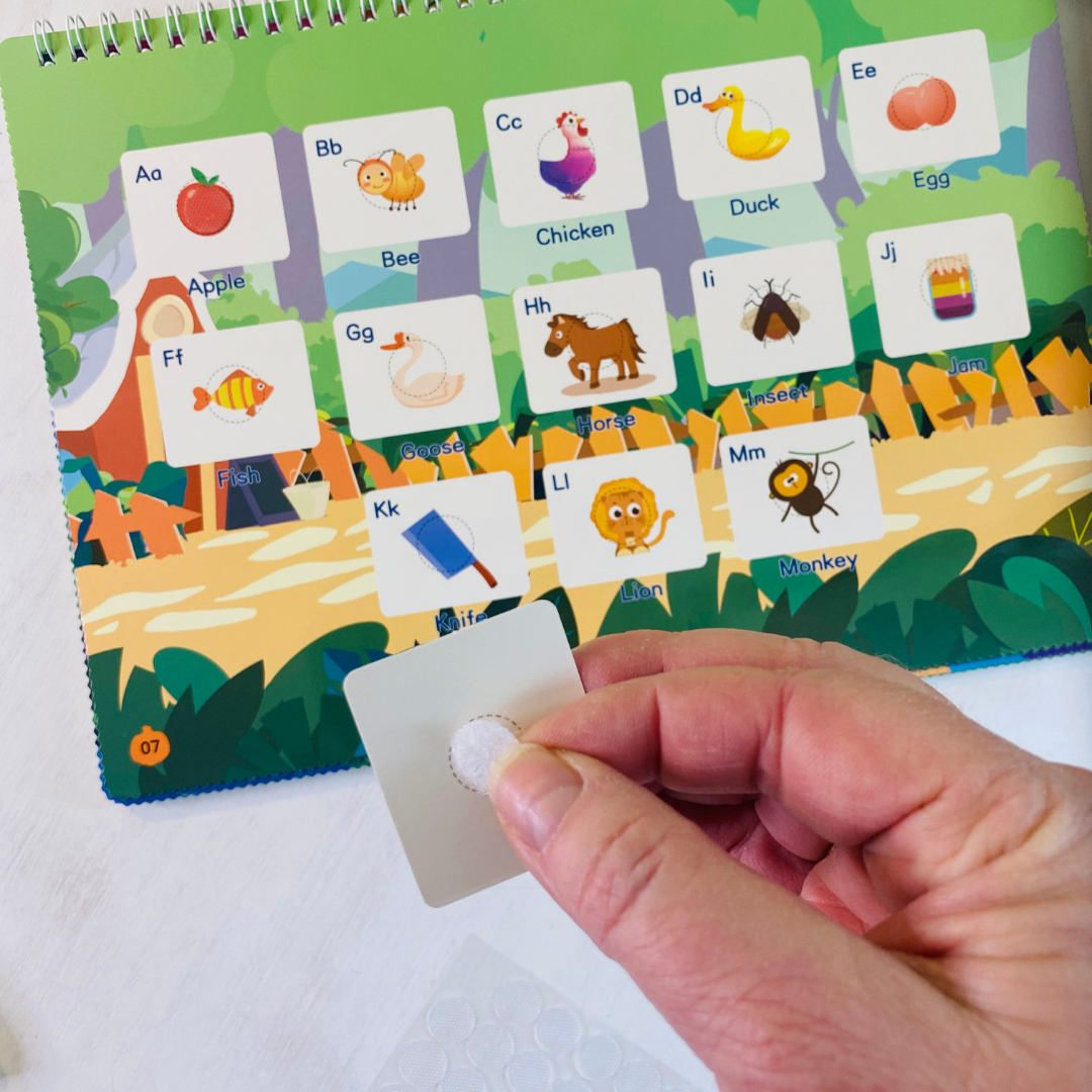 Busy book for preschoolers, travel essential for learning and entertaining your 3 or 4 year old! Learn letters and build fine motor skills!