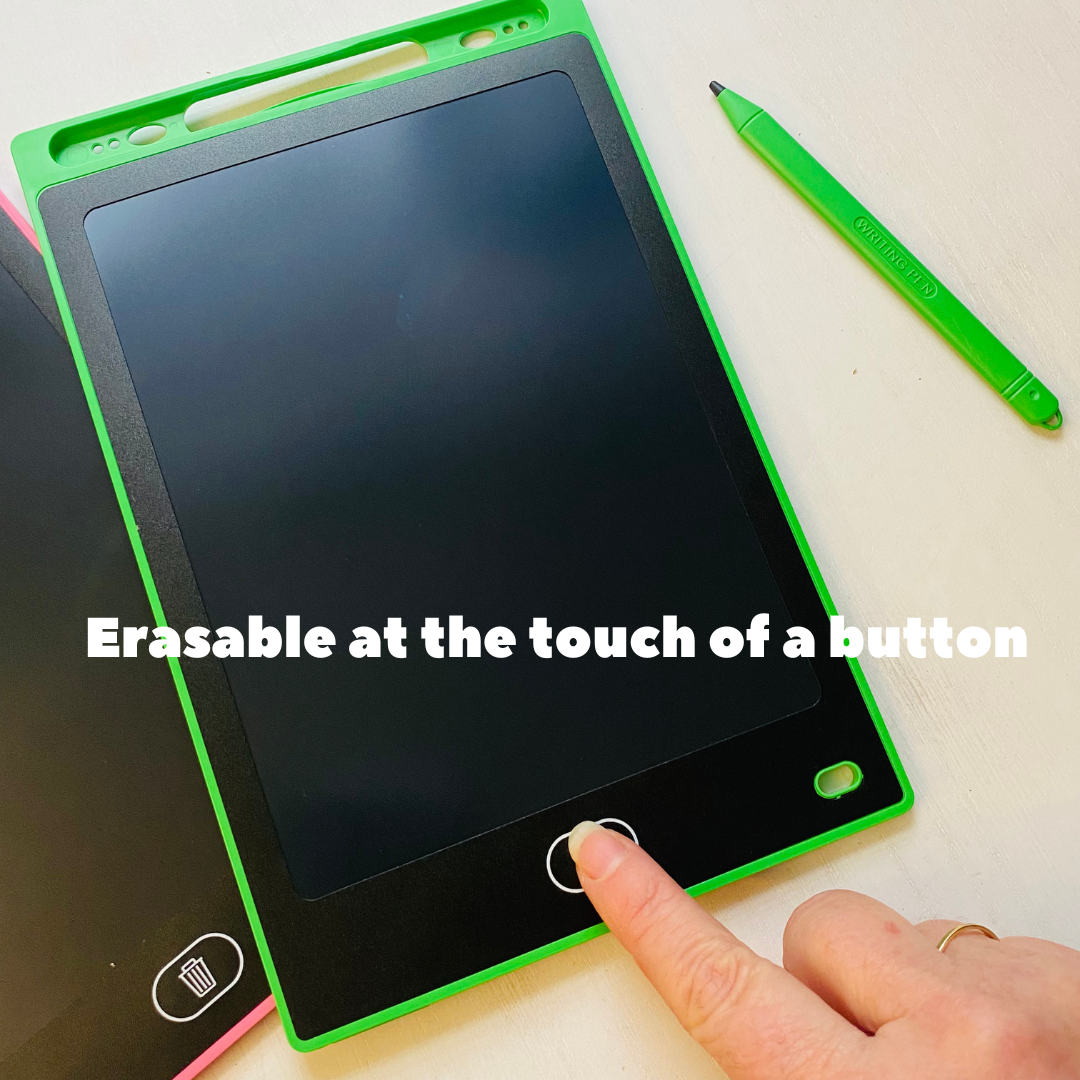 Perfect toy for traveling with little kids. 8.5" LCD writing board. Comes with stylus. Erasable at the touch of a button. Fun Learn Grow Co.