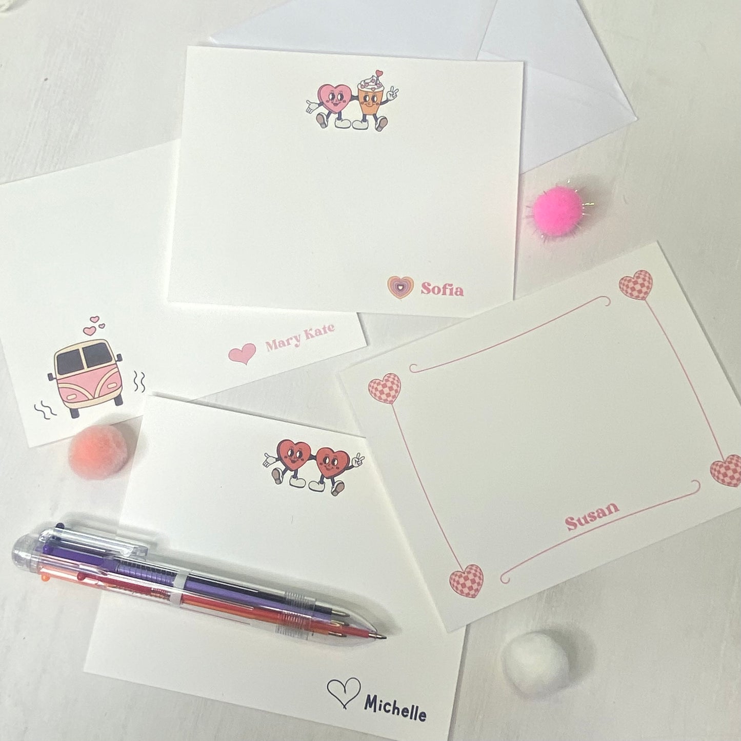 Adorable Valentine Notecards Set for kids and adults! Personalized for extra fun! Comes with a free multi-pen , perfect for gifting! Fun Learn Grow Co.