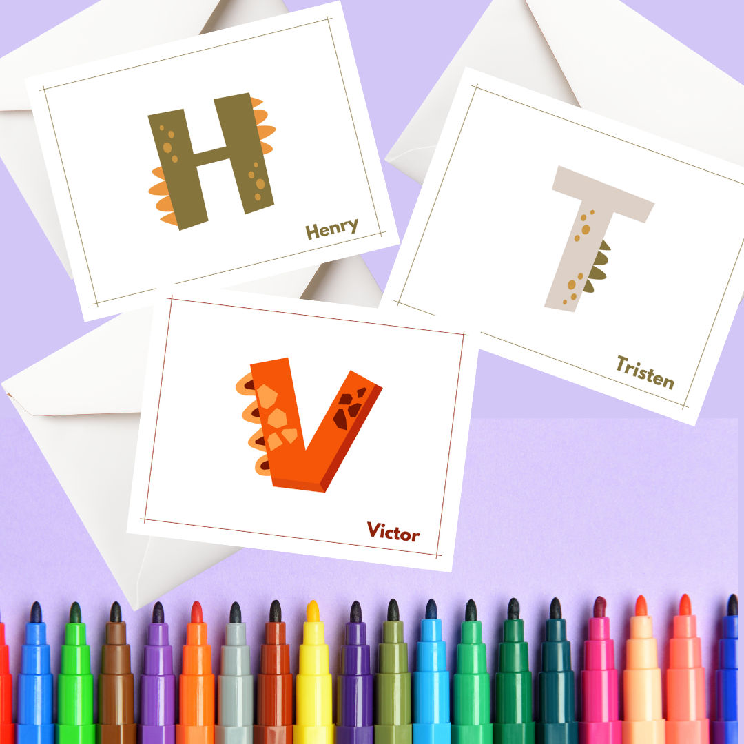 Best gift for dinosaur loving kids! Personalized dinosaur themed notecards are a perfect way to foster connections with kids!