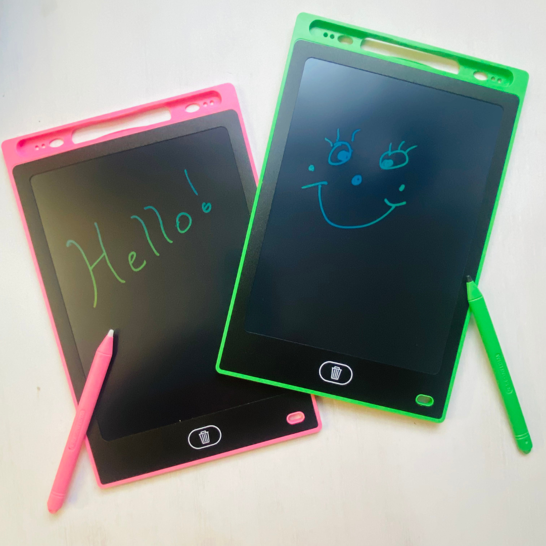 Perfect toy for traveling with little kids. 8.5" LCD writing board. Comes with stylus. Comes in red, blue, green, or pink. Fun Learn Grow Co.