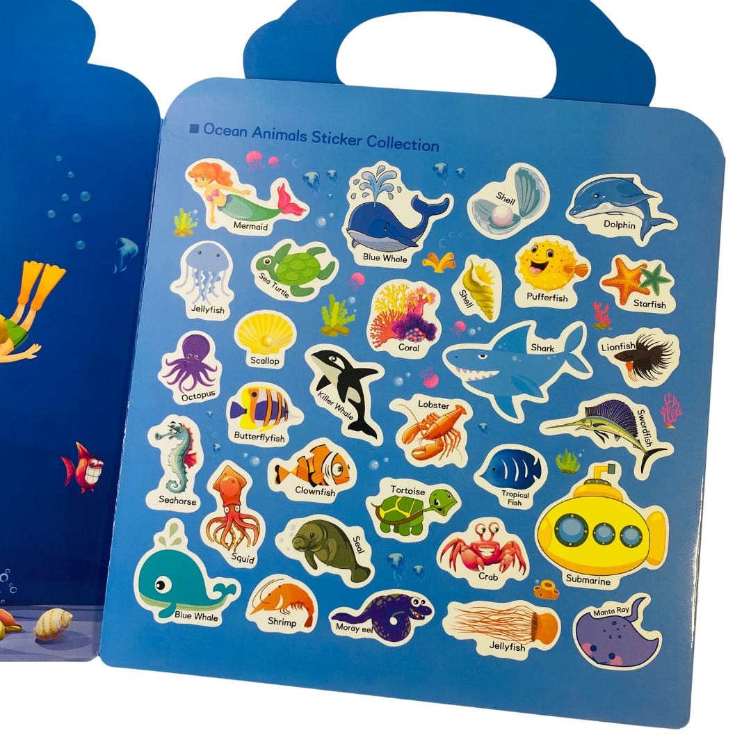 Ocean animals reusable sticker book for kids ages 3-5 years old. Perfect for fine motor skills and language development. Fun Learn Grow Co.