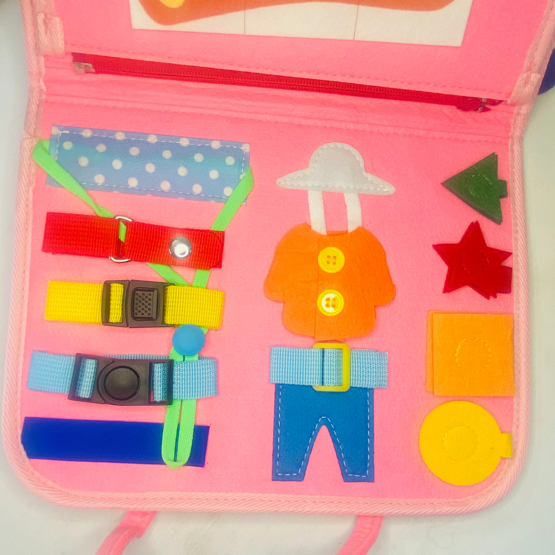 toddler sensory busy book for traveling fun, learn how to buckle, button, snap, and zipper for toddlers! Fun Learn Grow Co.