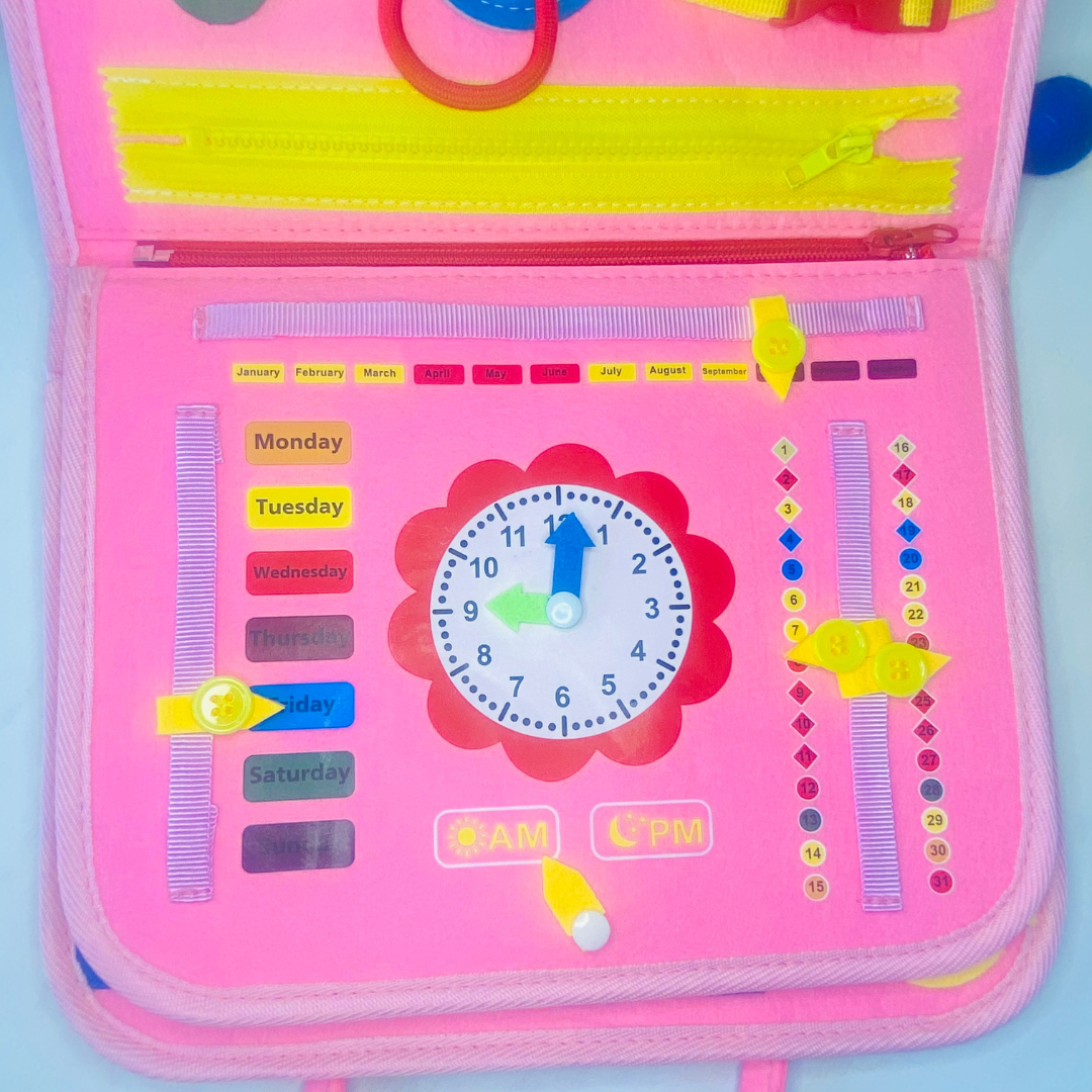 toddler sensory busy book for traveling fun, learn how to buckle, button, snap, and zipper for toddlers! Fun Learn Grow Co.