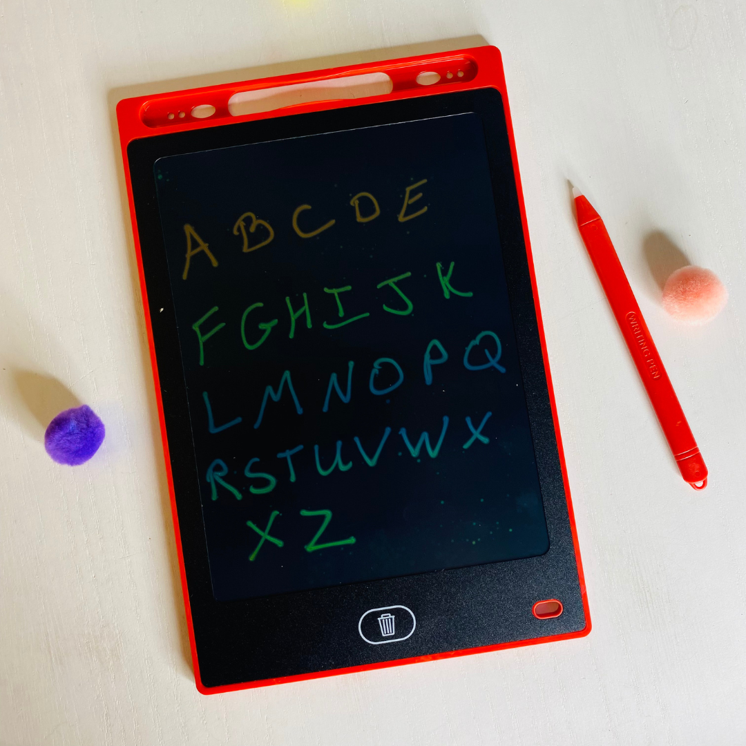 Perfect toy for traveling with little kids. 8.5" LCD writing board. Comes with stylus. Comes in red, blue, green, or pink. Fun Learn Grow Co.