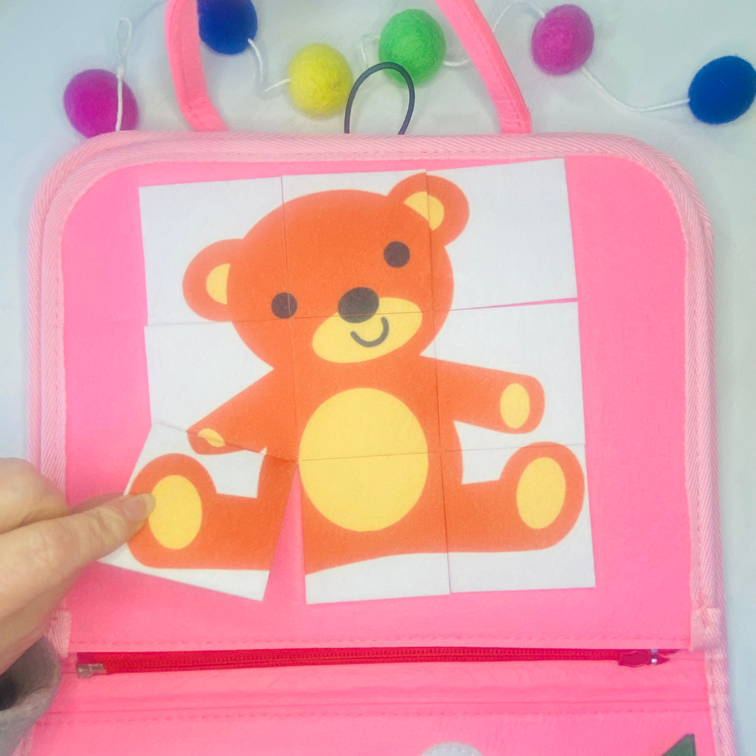 toddler sensory busy book for traveling fun, learn how to buckle, button, snap, and zipper for toddlers!