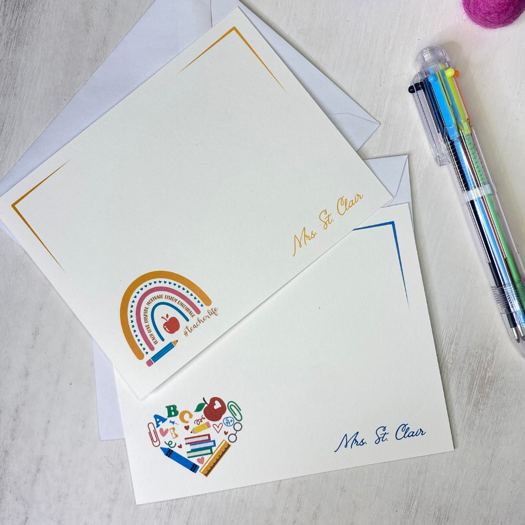 Best, unique gift for teachers. Personalized notecards for your child's teacher. Teacher appreciation gift. Comes with 12 flat notecards with envelopes and a multi-color pen. Fun Learn Grow Co.