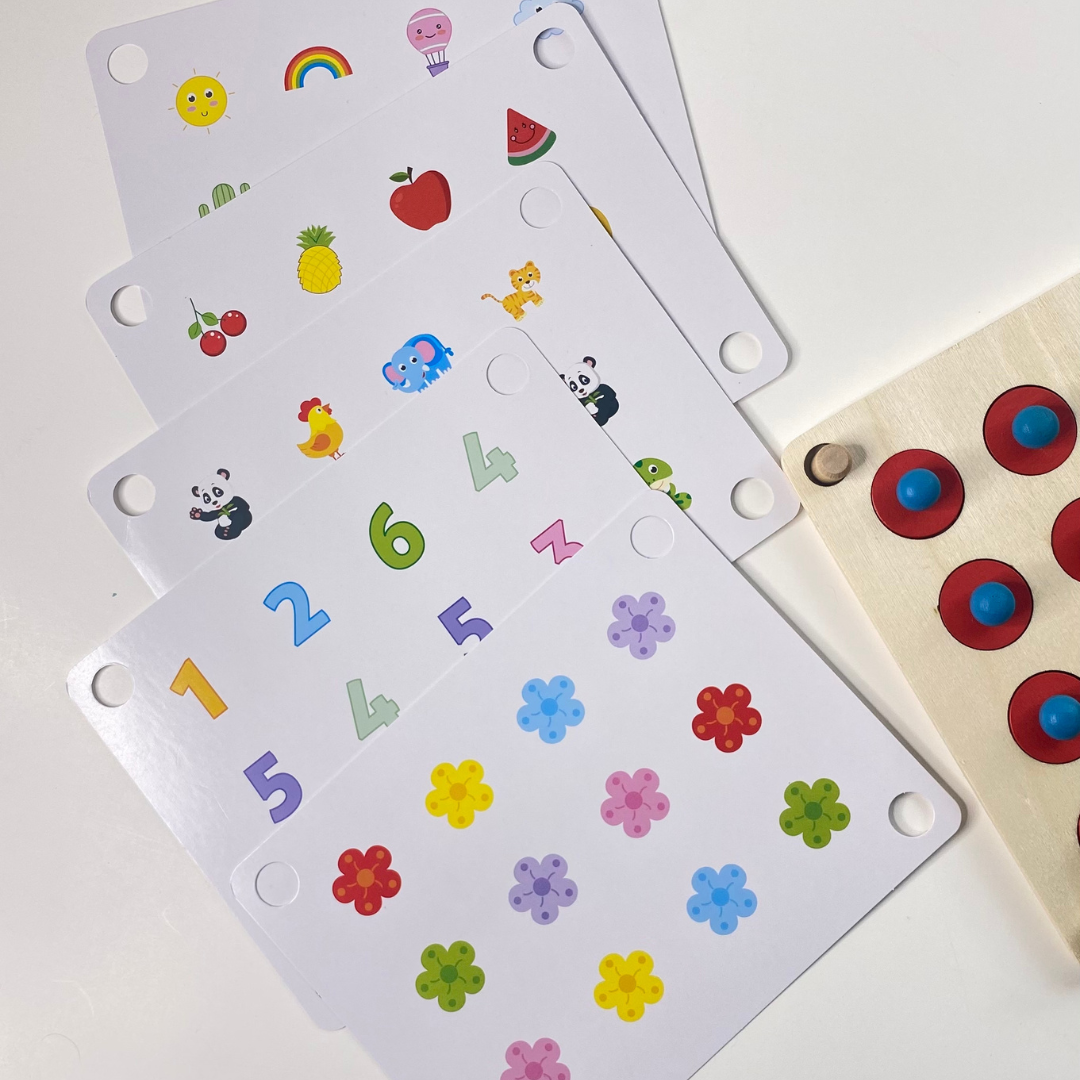 Wooden Memory Match game for kids ages 2-5 years old. Wooden Frame with 5 interchangeable cards with different themes, such as flowers, numbers, animals, fruits, and vehicles.