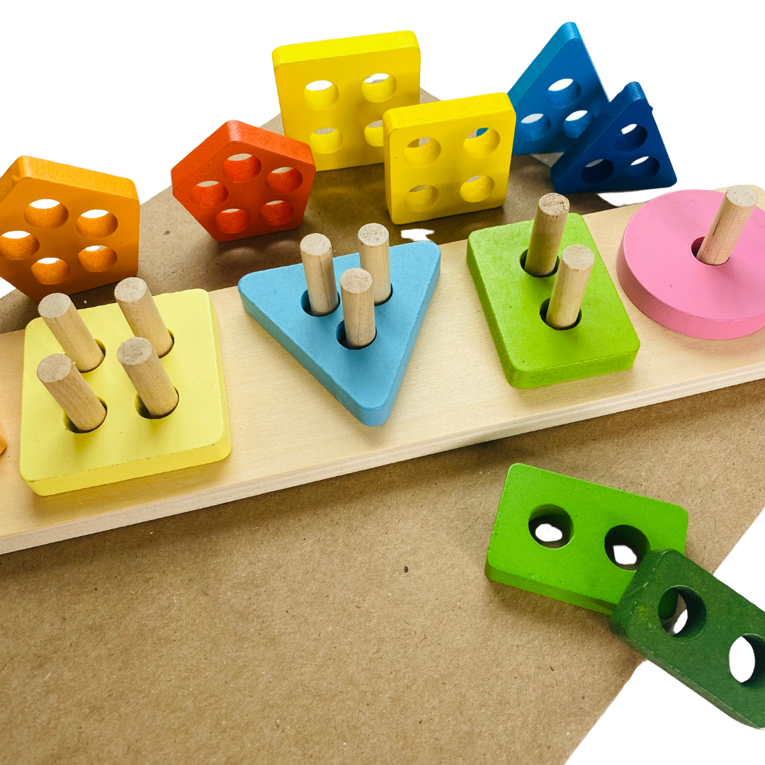 olorful wooden pegged shapes puzzle for learning shapes for toddlers. Circle, rectangle, triangle, square, and pentagon are the shapes of the puzzle pieces. Fun Learn Grow Co.