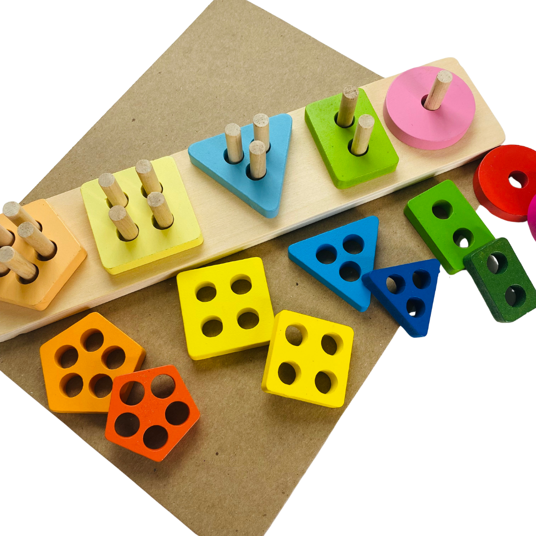 olorful wooden pegged shapes puzzle for learning shapes for toddlers. Circle, rectangle, triangle, square, and pentagon are the shapes of the puzzle pieces.