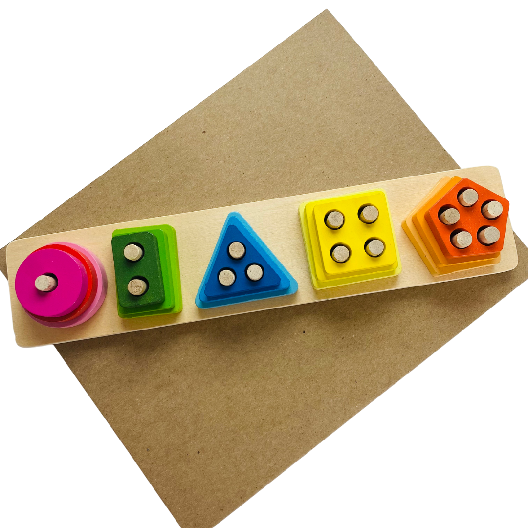 olorful wooden pegged shapes puzzle for learning shapes for toddlers. Circle, rectangle, triangle, square, and pentagon are the shapes of the puzzle pieces.