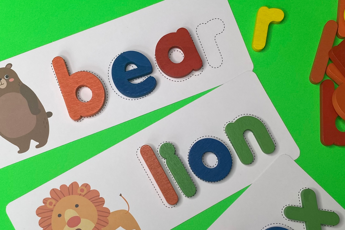 wooden letters and word cards for spelling practice for preschoolers and kindergarteners Fun Learn Grow Co.
