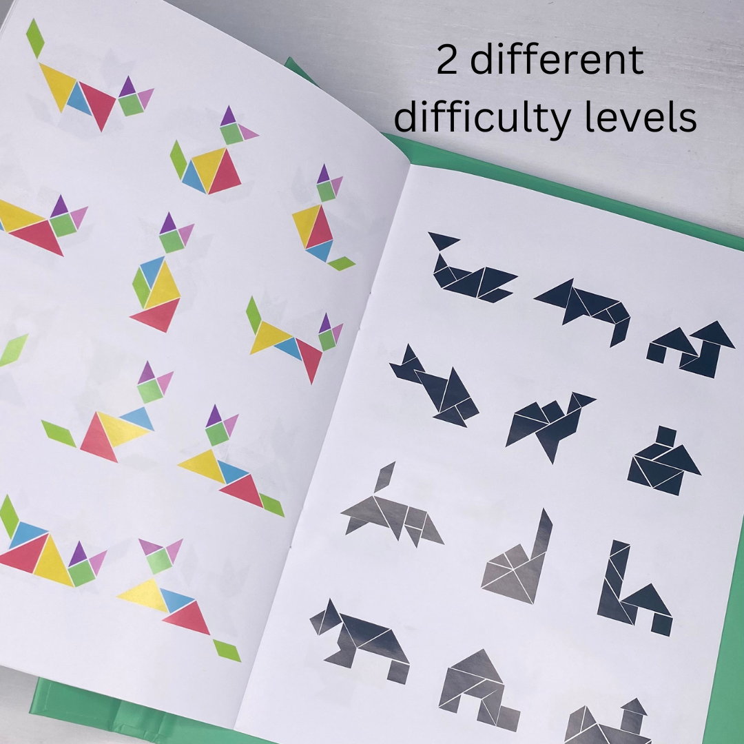 With two different difficulty levels, this tangram set grows with your child! Watch them learn how to problem solve and use their creativity at the same time! Fun Learn Grow Co.