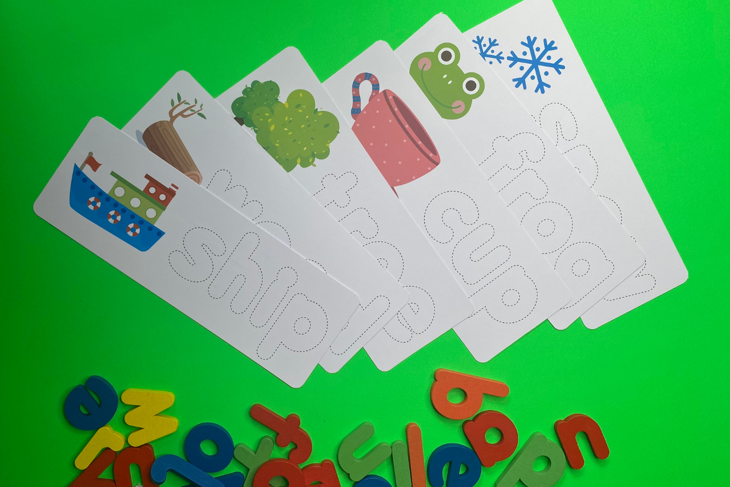 adorable graphics and bubble letters to place wooden letters on and create words Fun Learn Grow Co.