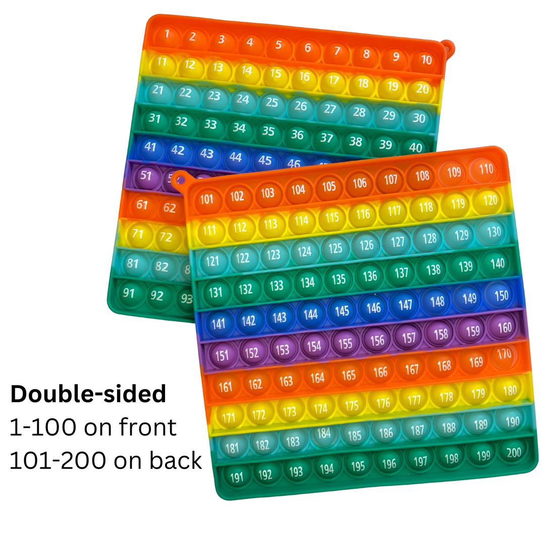 Double-sided number fidget pop it toy with numbers 1-100 on one side and 101-200 on the other side. It is rainbow in color with stripes of orange, yellow, green, blue, and purple. Fun Learn Grow Co.