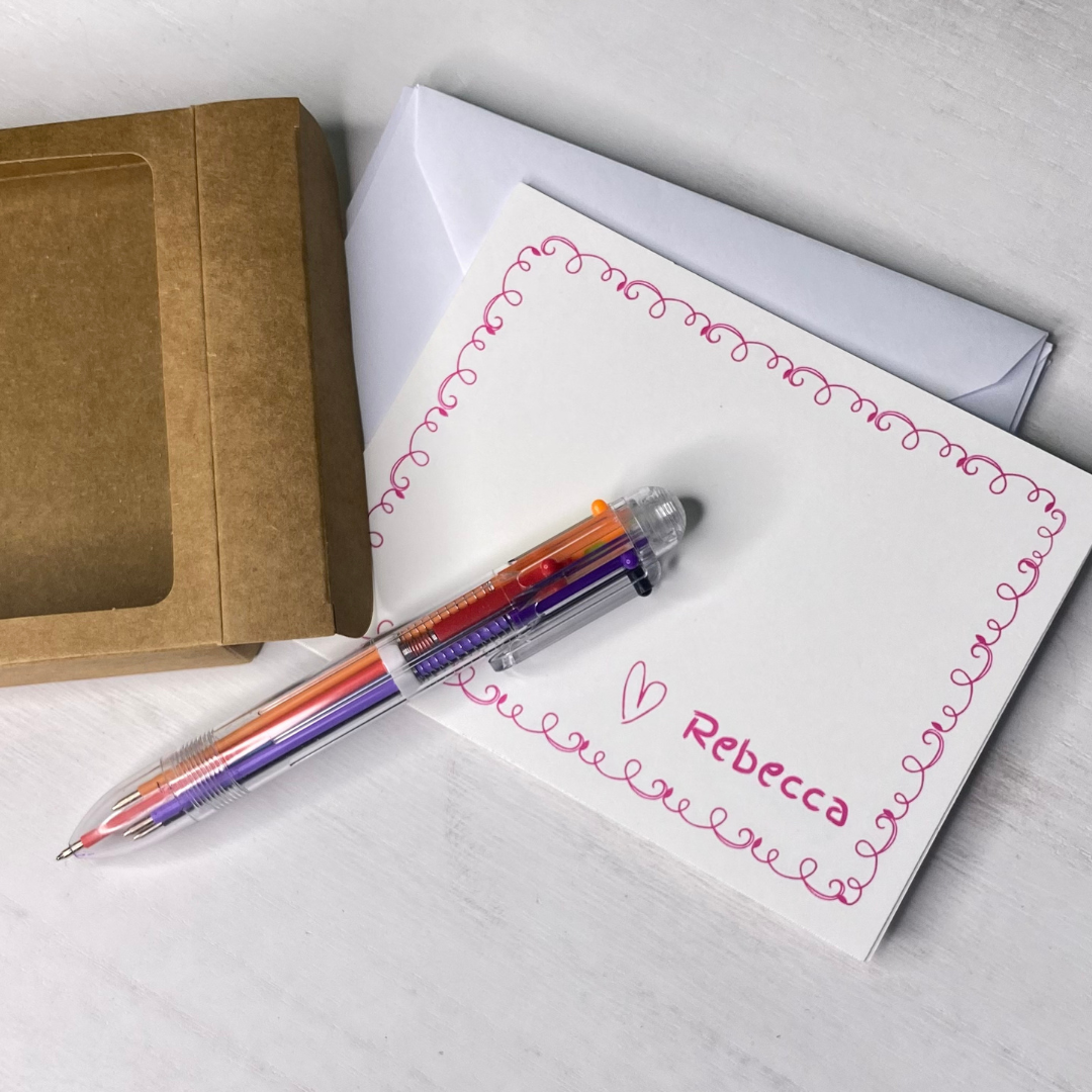 Personalized kids notecards with a multi-color pen. Best gift for kids, great stocking stuffers, budding writer gift. Fun Learn Grow Co.