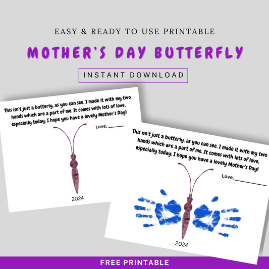 Free printable handprint butterfly craft for Mother's Day. Adorable keepsake for mom from child.  Fun Learn Grow Co.