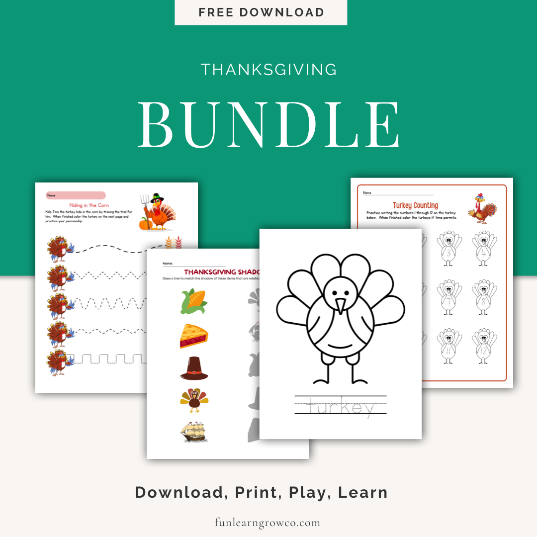 Preschool/Kindergarten Thanksgiving Printable Bundle Fun Learn Grow Co.