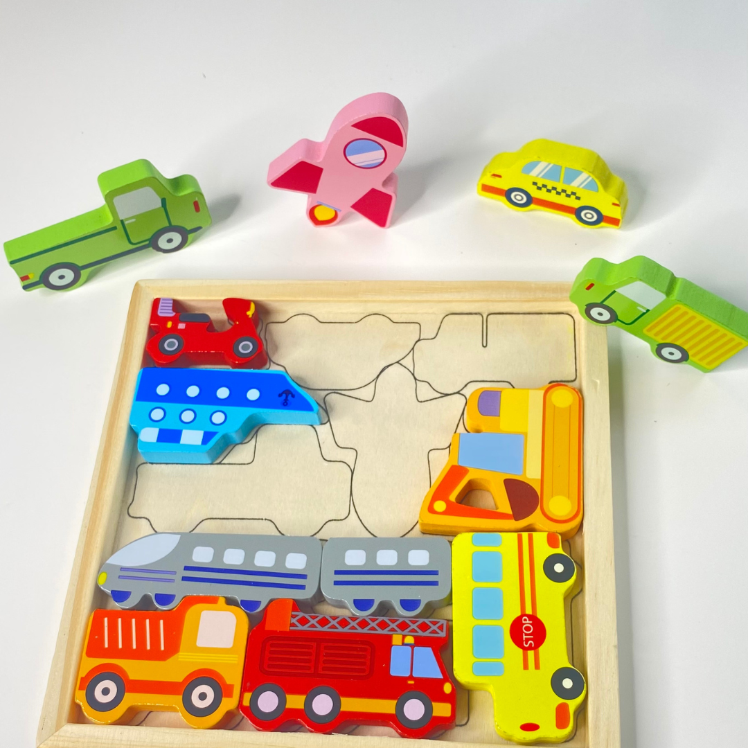 Perfect wooden toy puzzle for boys and girls, wooden dinosaur puzzle, wooden vehicles puzzle, perfect for spatial reasoning or open-ended play with puzzles. Fun Learn Grow Co.