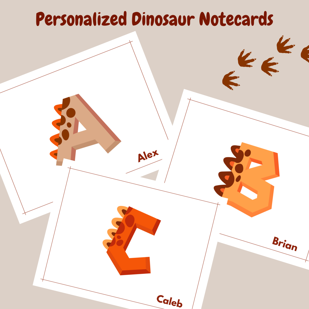 Best gift for dinosaur loving kids! Personalized dinosaur themed notecards are a perfect way to foster connections with kids!  Fun Learn Grow Co.