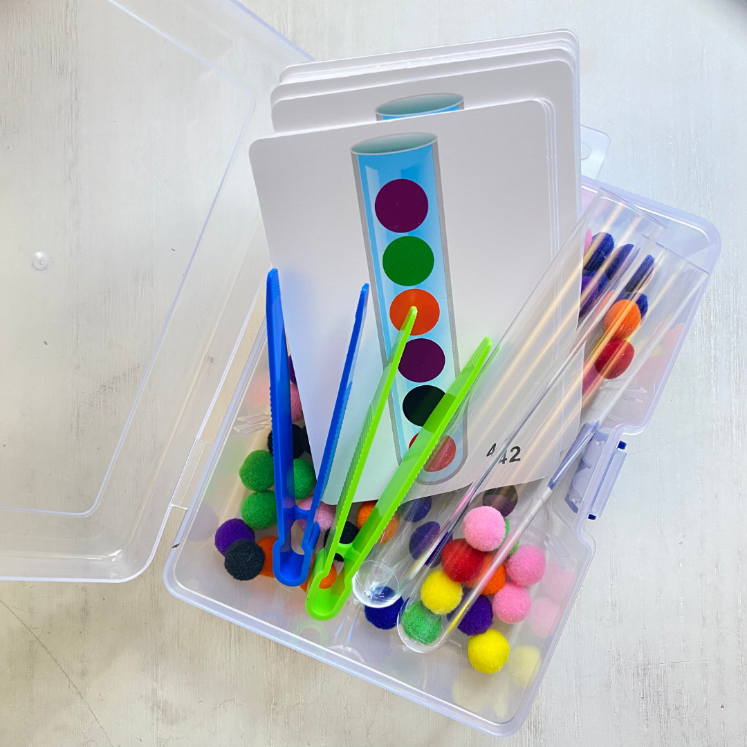 Match the pom poms with the picture. Grab the pom poms with the tweezers and place into a test tube. Great for building fine motor skills, spatial reasoning, and learning colors.