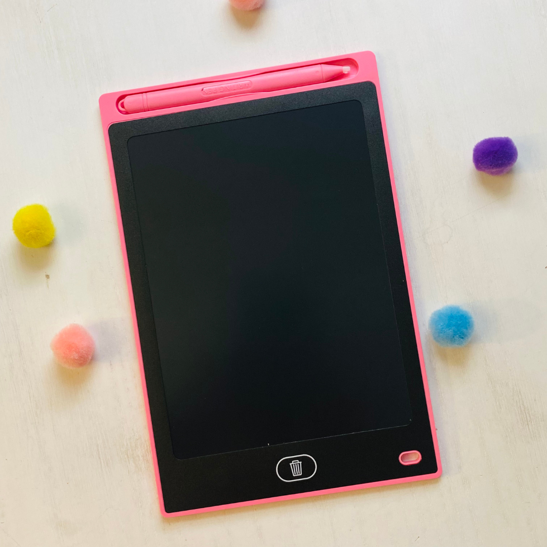 Perfect toy for traveling with little kids. 8.5" LCD writing board. Comes with stylus. Comes in red, blue, green, or pink.