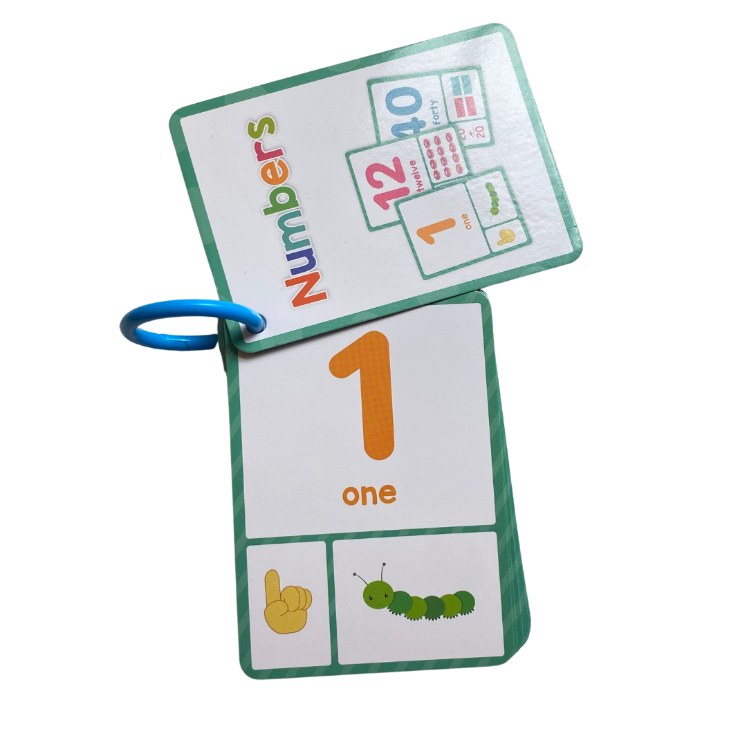 Set of durable, number flashcards for kids. 1-20 and then 20-100 counting by tens. Shows the hand sign for the numbers also. Fun Learn Grow Co.