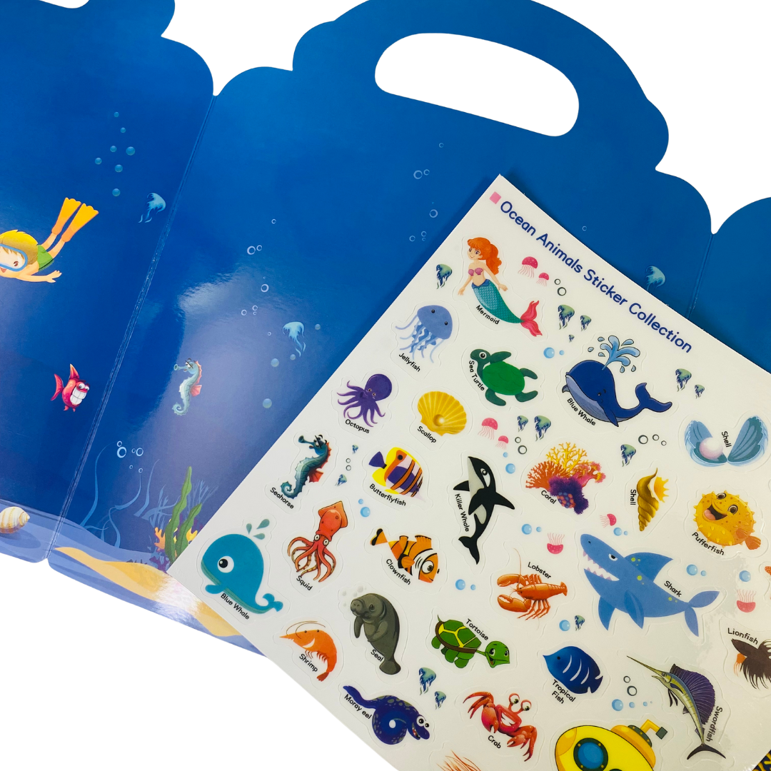 Ocean animals reusable sticker book for kids ages 3-5 years old. Perfect for fine motor skills and language development. Fun Learn Grow Co.