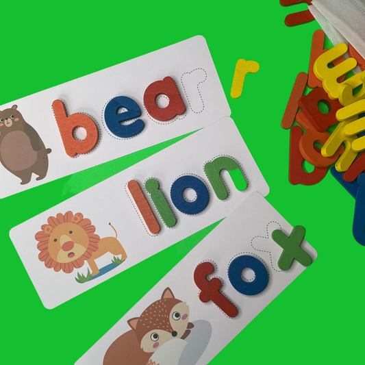 Wooden letters and double sided spelling cards with adorable graphics! Perfect for hands-on learning! Fun Learn Grow Co.