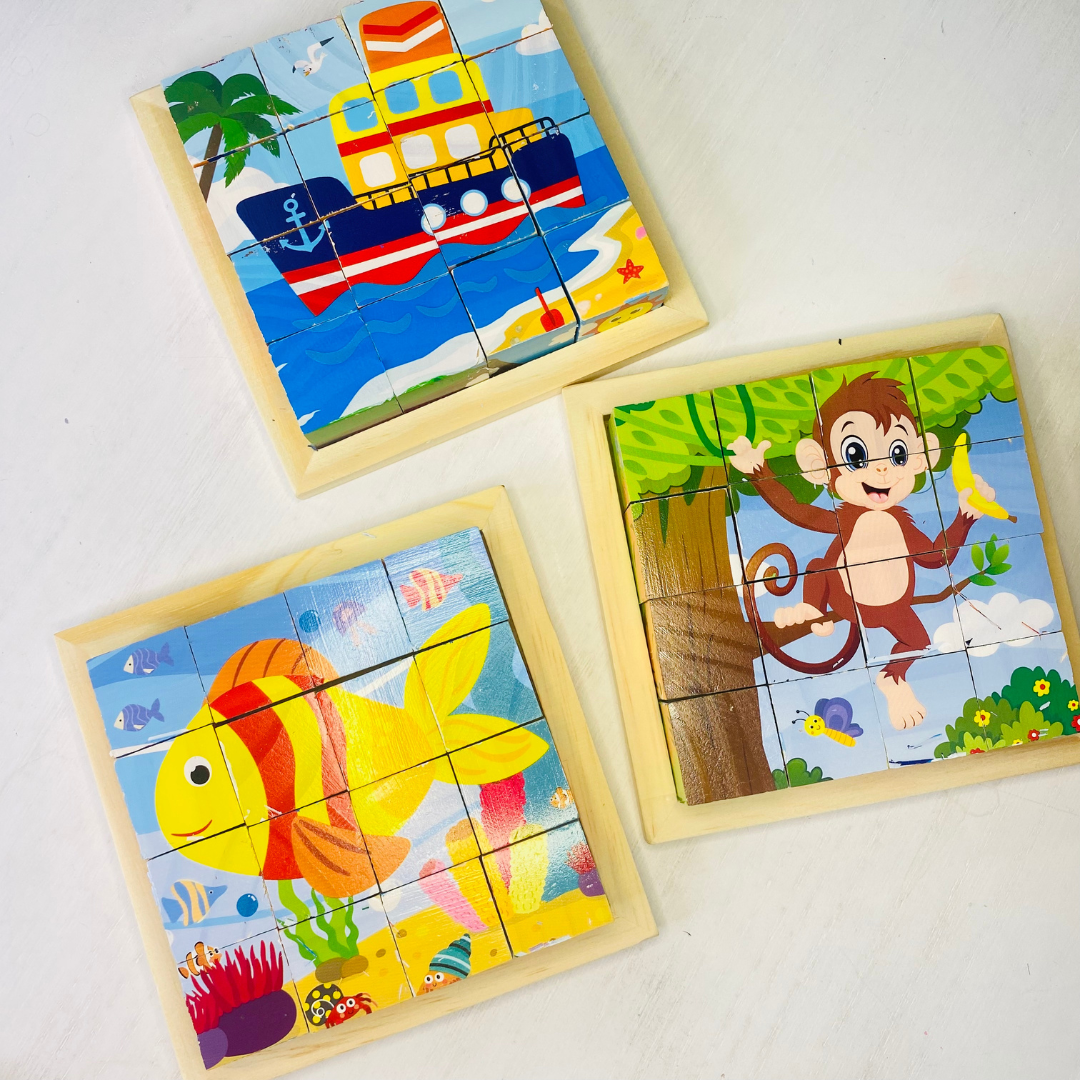 Classic 6 in 1 wooden block puzzles for kids ages  3-5 years old! Ocean animals, jungle animals, and vehicles puzzles for kids! Fun Learn Grow Co.