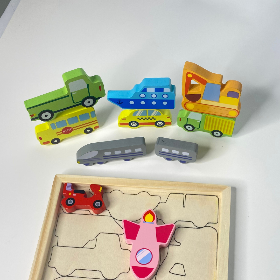 Perfect wooden toy puzzle for boys and girls, wooden dinosaur puzzle, wooden vehicles puzzle, perfect for spatial reasoning or open-ended play with puzzles.