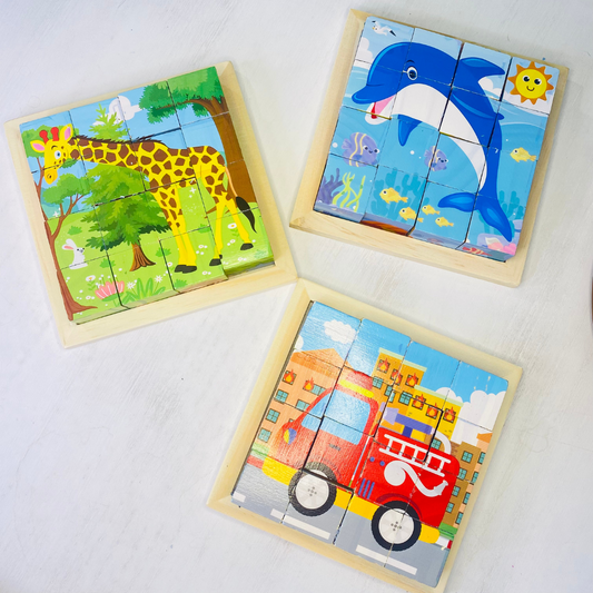 Classic 6 in 1 wooden block puzzles for kids ages  3-5 years old! Ocean animals, jungle animals, and vehicles puzzles for kids! Fun Learn Grow Co.