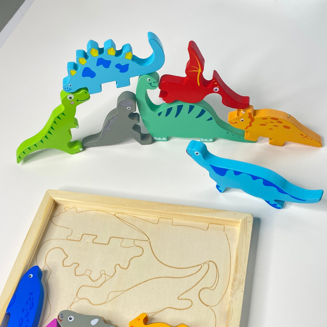 Perfect wooden toy puzzle for boys and girls, wooden dinosaur puzzle, wooden vehicles puzzle, perfect for spatial reasoning or open-ended play with puzzles. Fun Learn Grow Co.