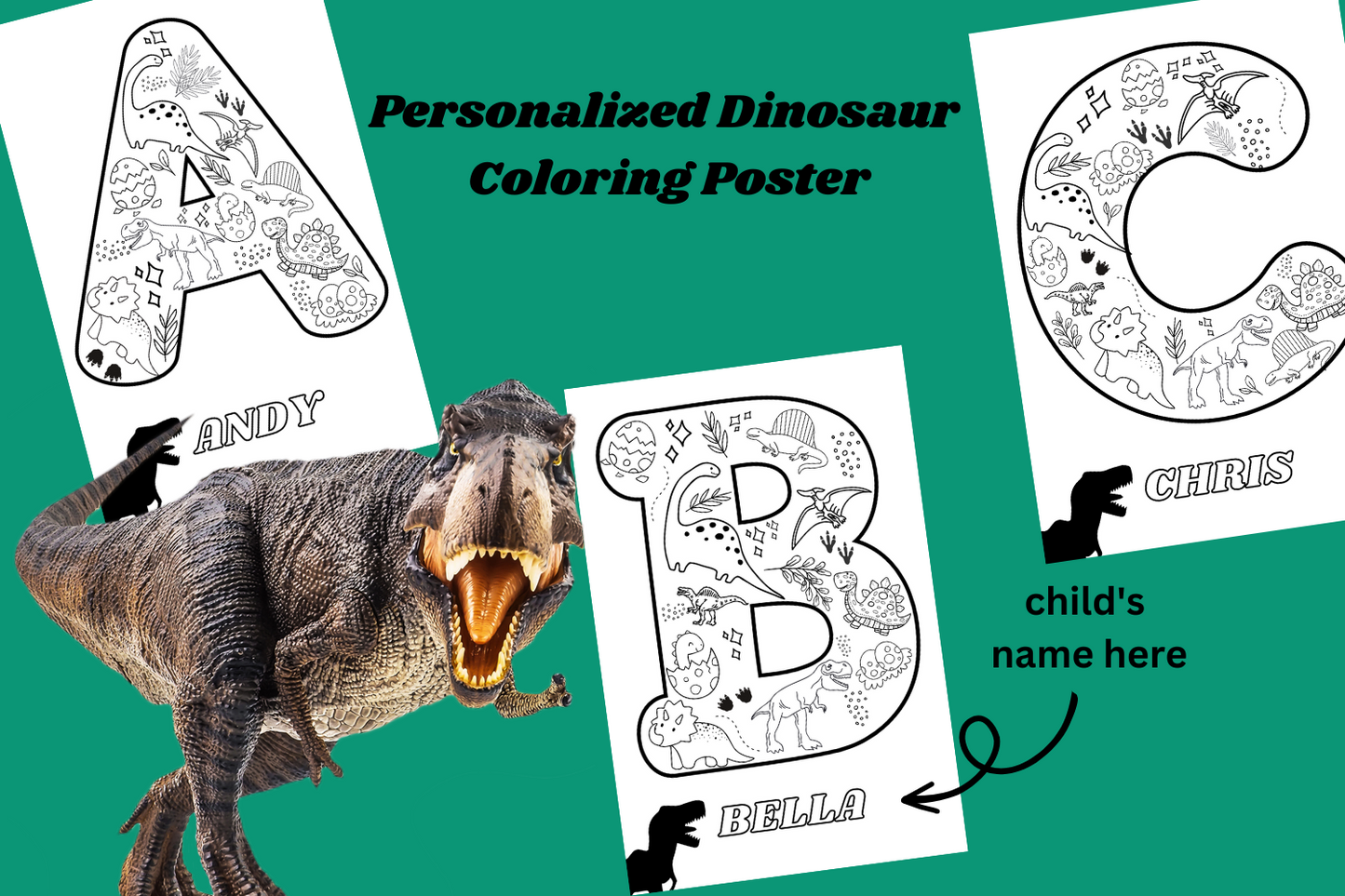 Personalied dinosaur coloring poster, black and white on premium cover stock paper! Fun Learn Grow Co.