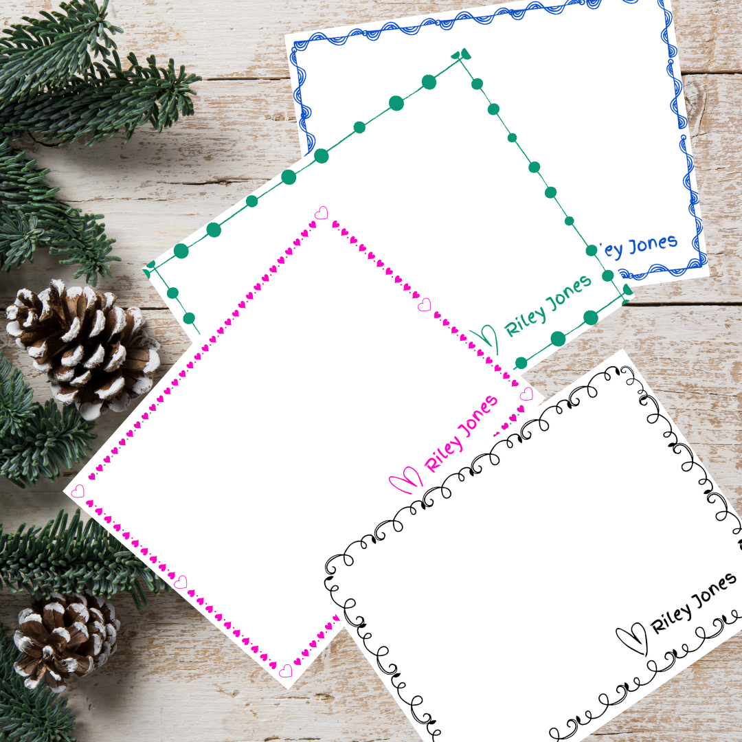 Personalized Notecards for kids. Choose border theme, color, and customize with your child's name! Fun Learn Grow Co.
