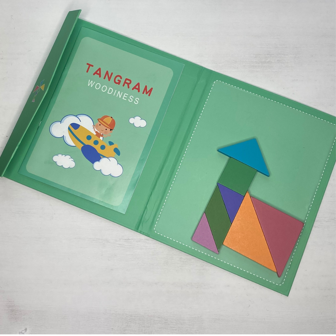 Travel tangram activity set perfect for road trips, on the airplane, or packing to go to grandma's! Fun Learn Grow Co.