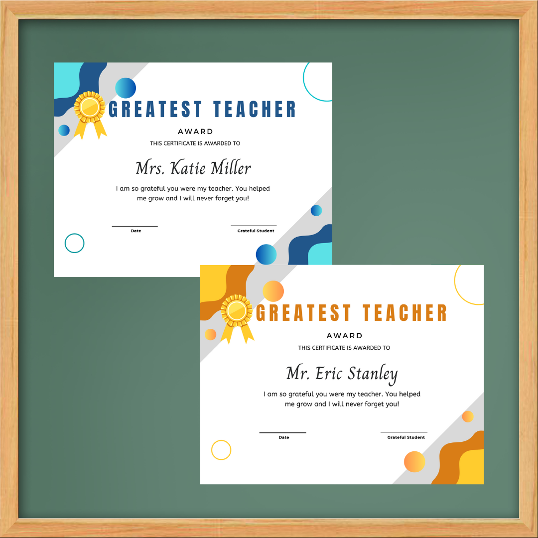 Personalized Greatest Teacher Award Certificate - Fun Learn Grow Co.